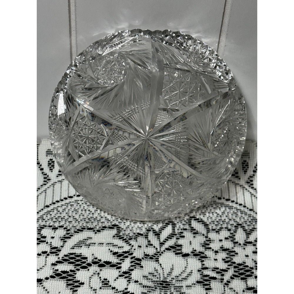 Vintage American Brilliant Period Cut Glass Crystal Bowl Starburst Hobstar 8in